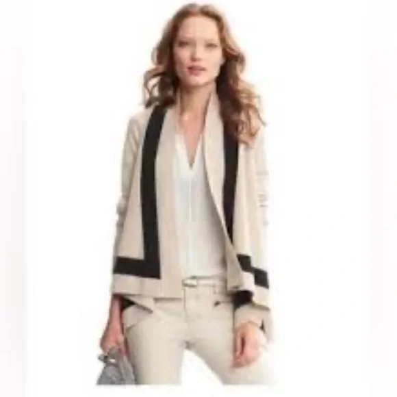Banana Republic Open Front Cardigan Sweater Cream Black Small Merino Wool Blend - Picture 3 of 11